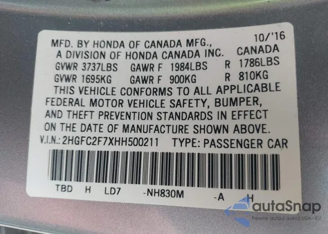 2017 Honda Civic Ex z USA, uszkodzony, nr VIN 2HGFC2F7XHH500211